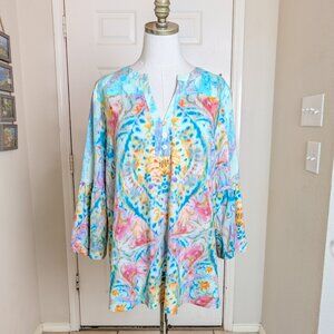 Soft Surroundings Blue Multicolor Tie Dye Tunic Top Size L Button Accented